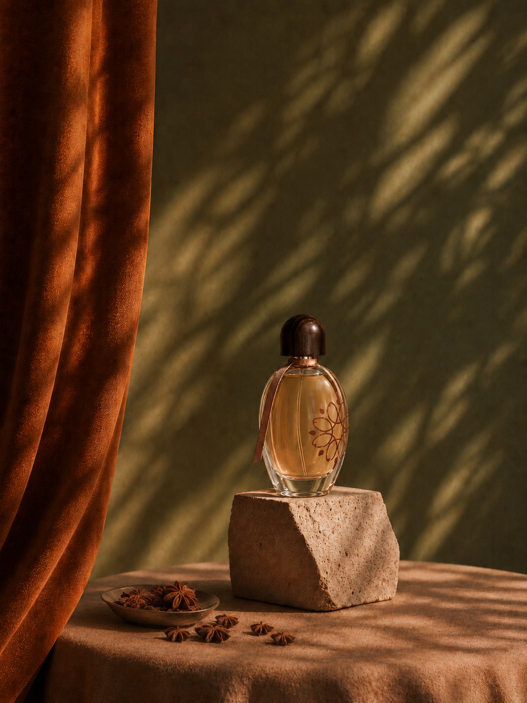 Flacon Darna posé sur une pierre, entouré d'anis étoilé, devant un rideau terracotta et un mur baigné de lumière tamisée